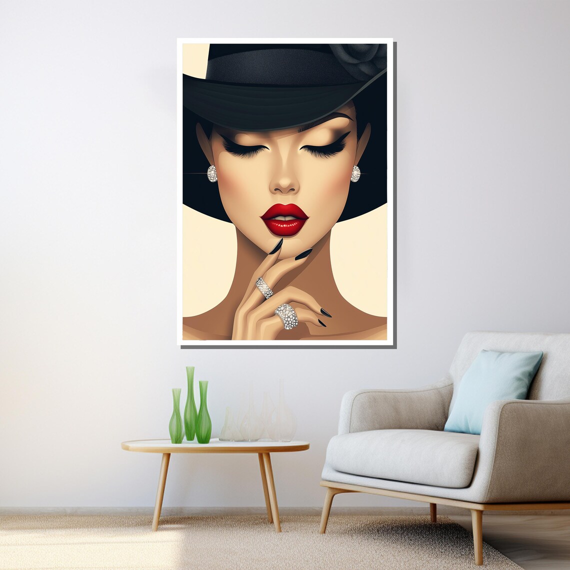 Glamorous Woman Black Hat Red Lips Diamond Jewelry Fashion Wall Poster - Image 3