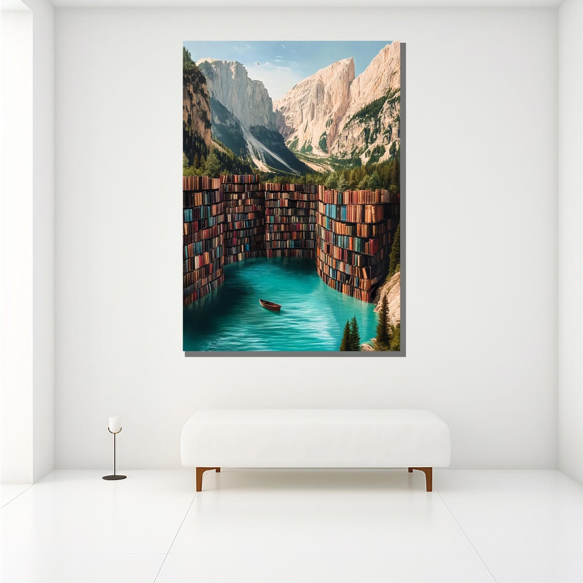 Surreal Bookshelf Lake Mountain Library Fantasy Painting Wall Poster - Image 2