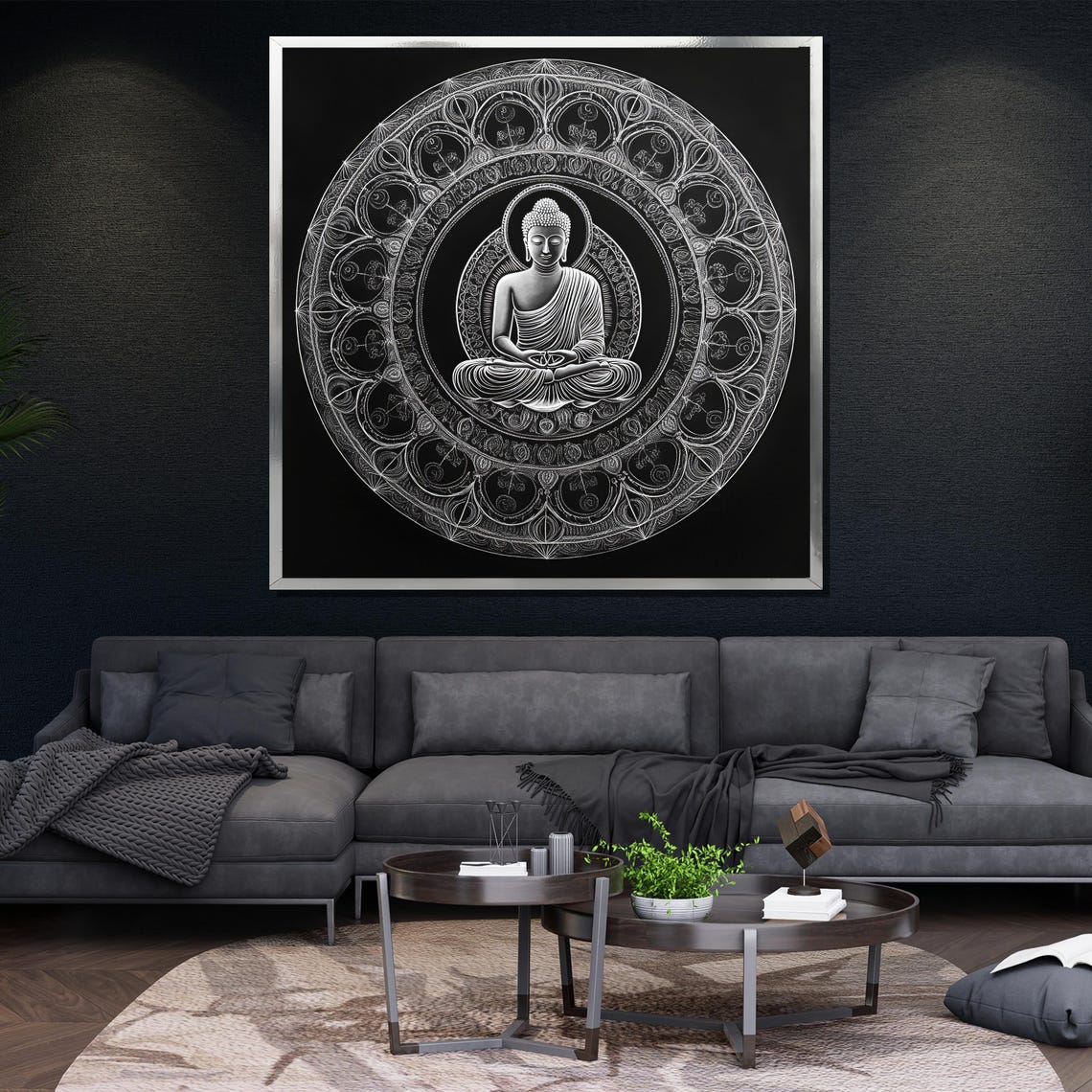 Monochrome Buddha Mandala White Line Art Black Elegant Zen Wall Poster - Image 4