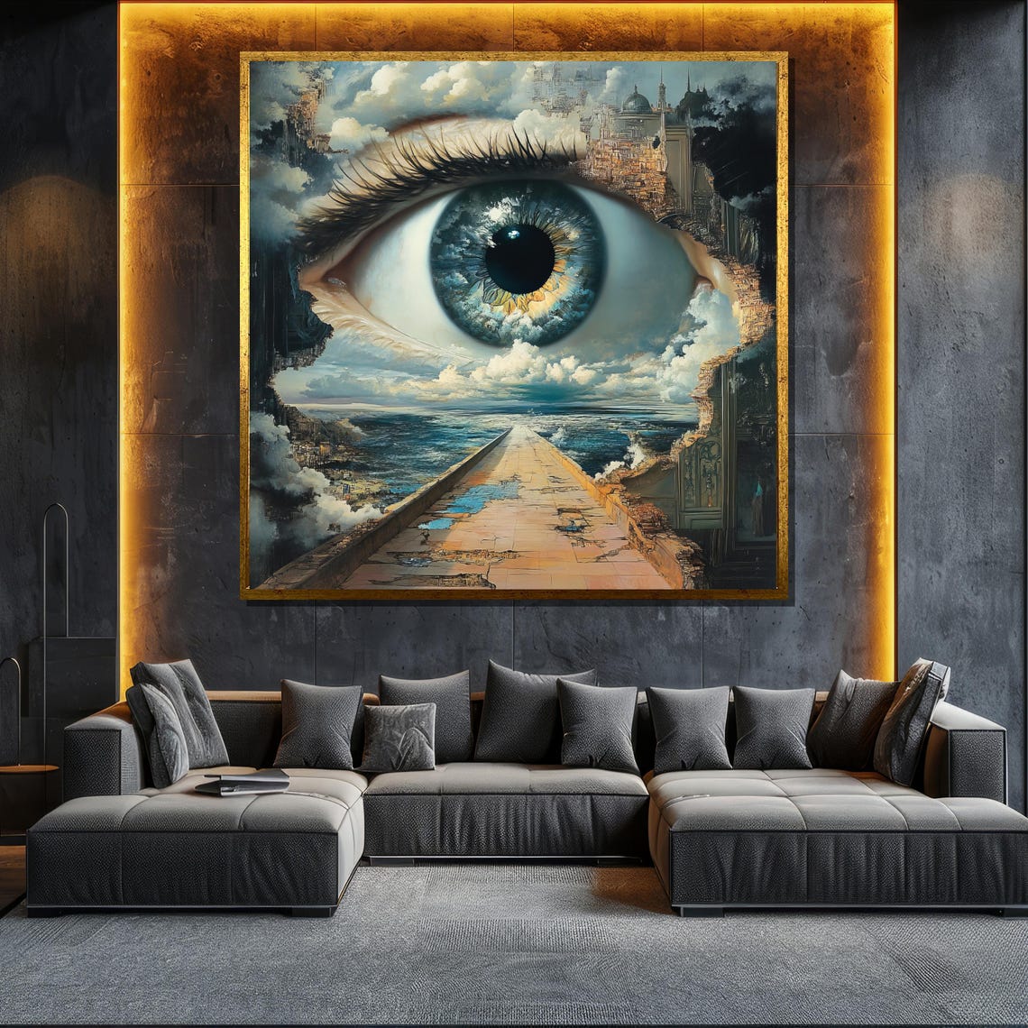 Giant Eye Watching Over Ocean And Cloud Cities Surreal Poster