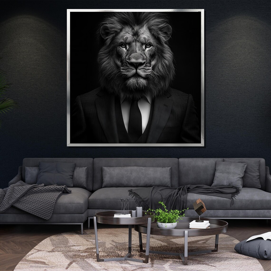 Lion In Suit Black White Boss Portrait Monochrome Funny Wildlife Poster - Image 4