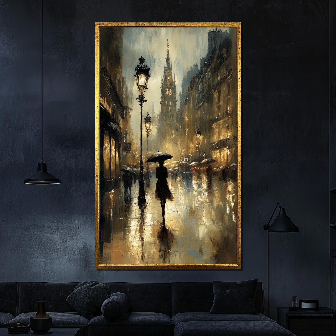 Romantic Rainy Street Umbrella Silhouette Vintage Gas Lamp City Poster