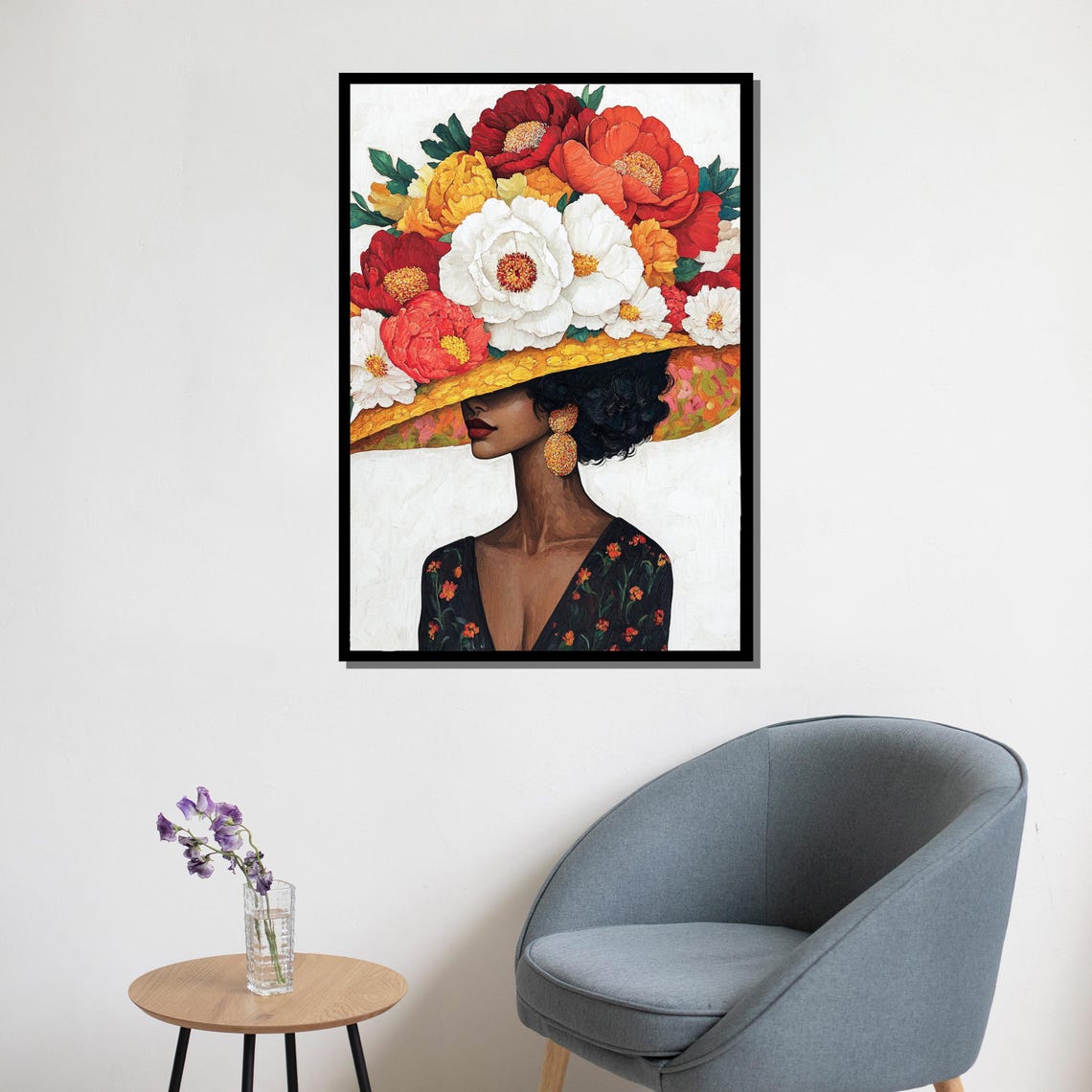 Black Woman Floral Hat Peonies Portrait Elegant Gold Frame Wall Art - Image 5