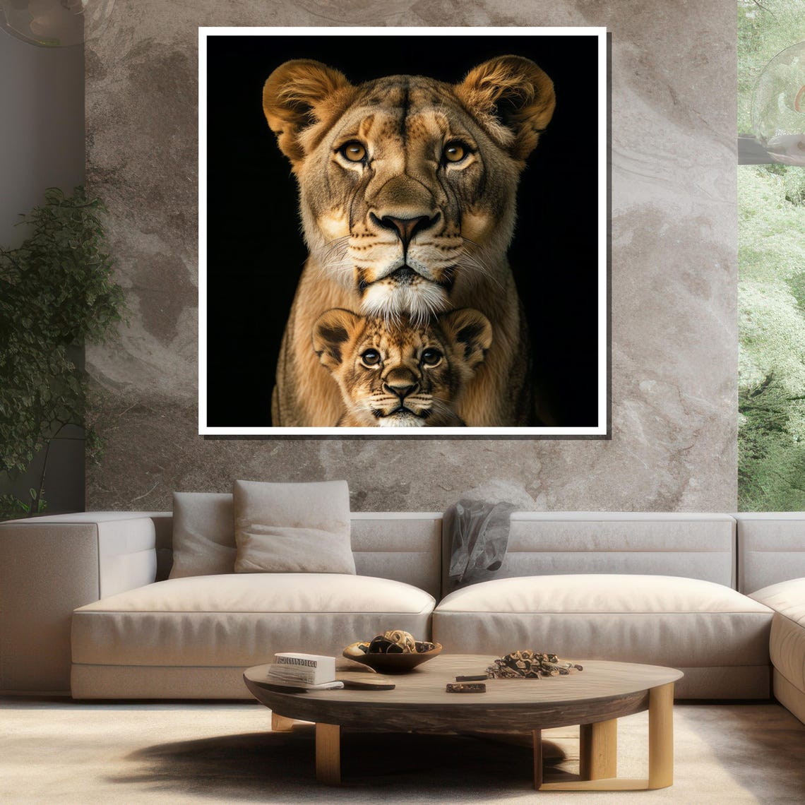 Lioness And Cub Front Pose Black Background Wildlife Art Poster - Image 3