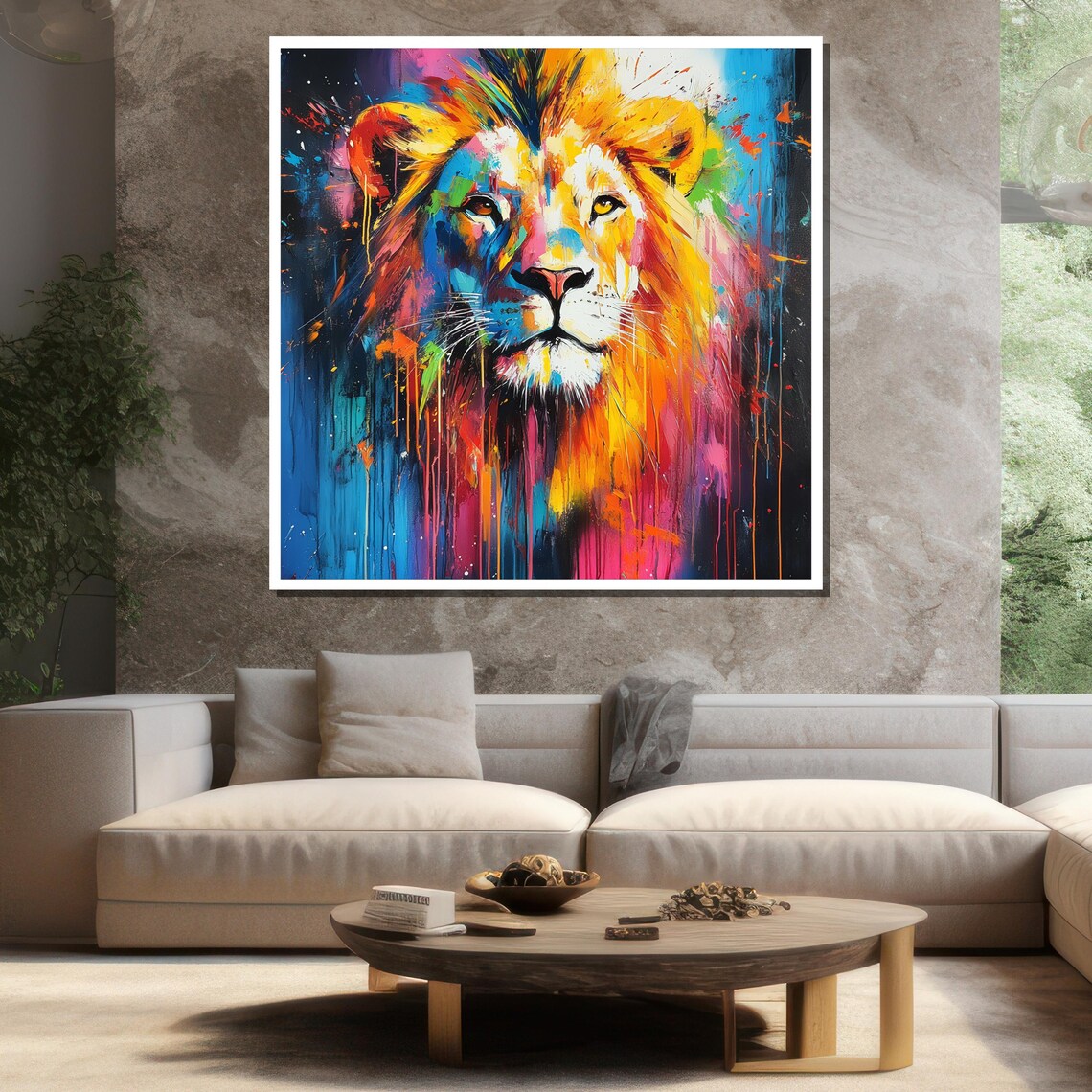 Colorful Abstract Lion Paint Drip Modern Wildlife Art Poster - Image 3