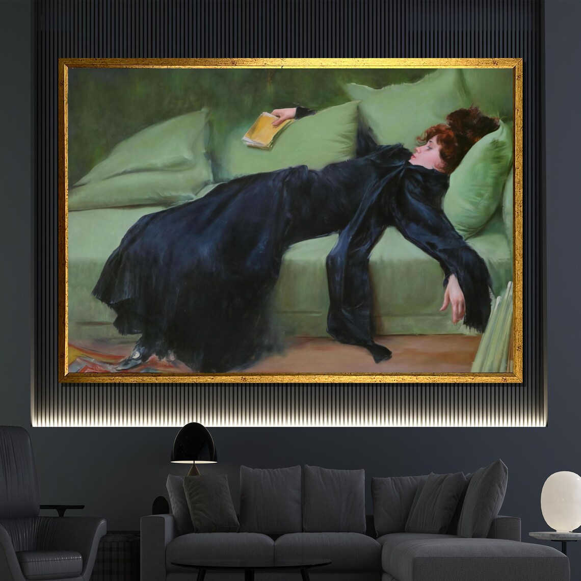 Ramon Casas Decadent Young Woman Reading On Green Sofa Poster