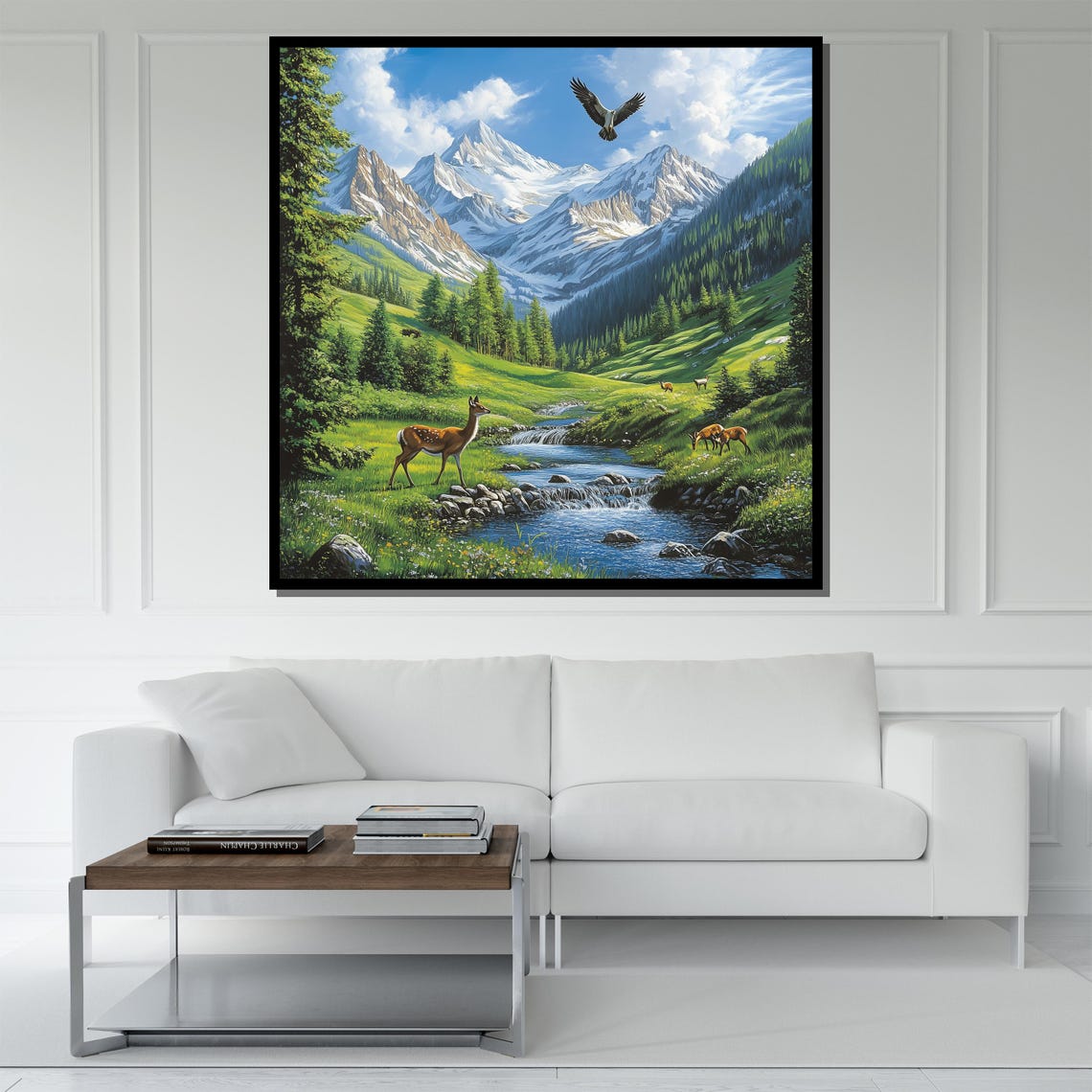 Mountain Deer River Alpine Meadow Wildlife Scenic Nature Wall Art - Image 5