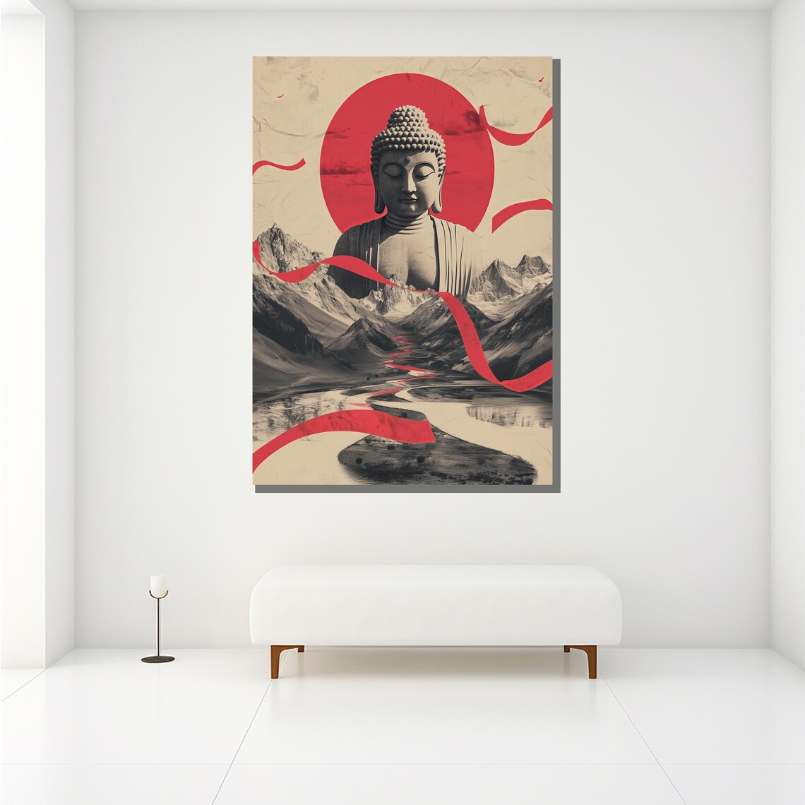 Japanese Buddha Red Sun Mountain Landscape Modern Zen Ink Style Poster - Image 2