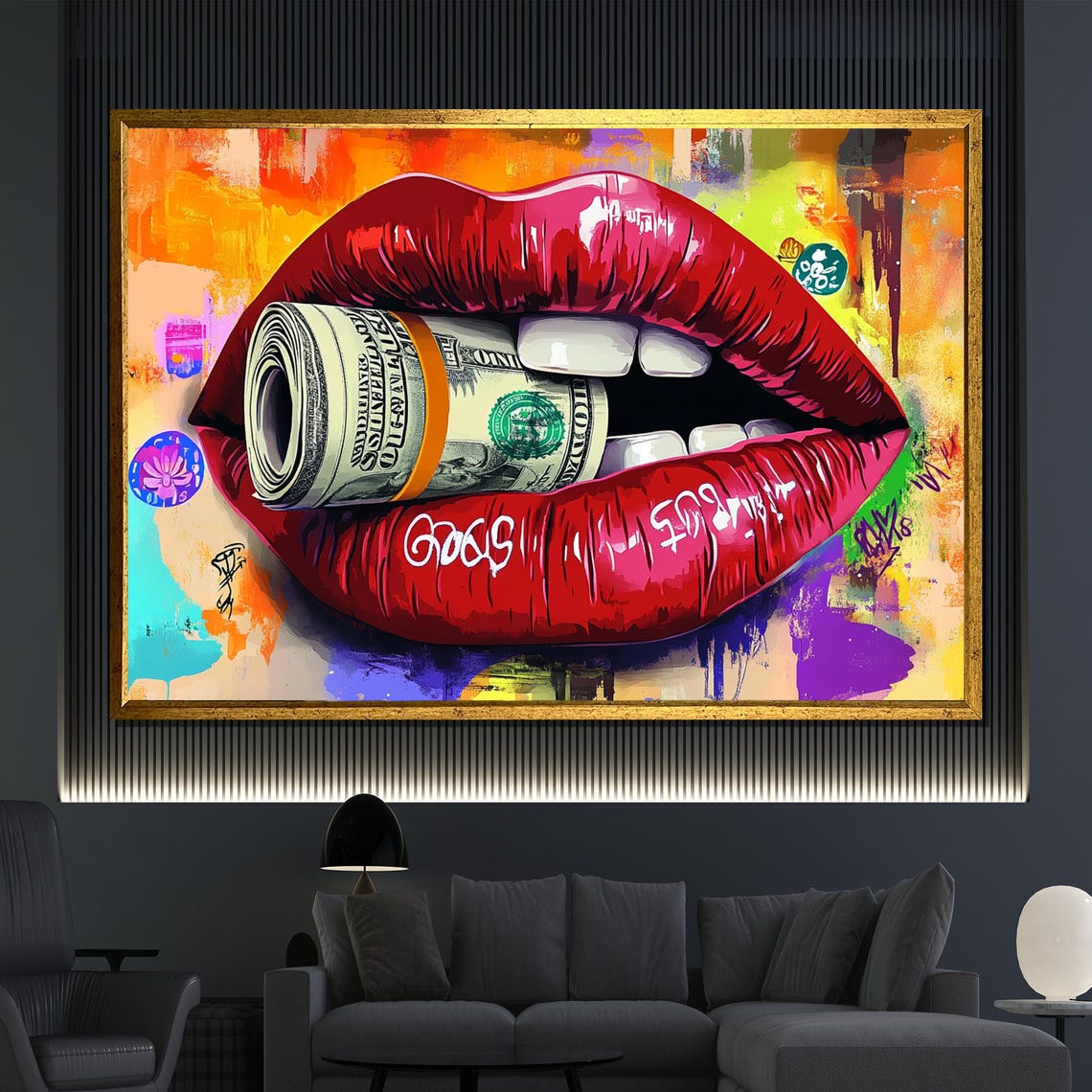 Red Lips Money Roll Pop Art Graffiti Style Bold Modern Wall Art Poster
