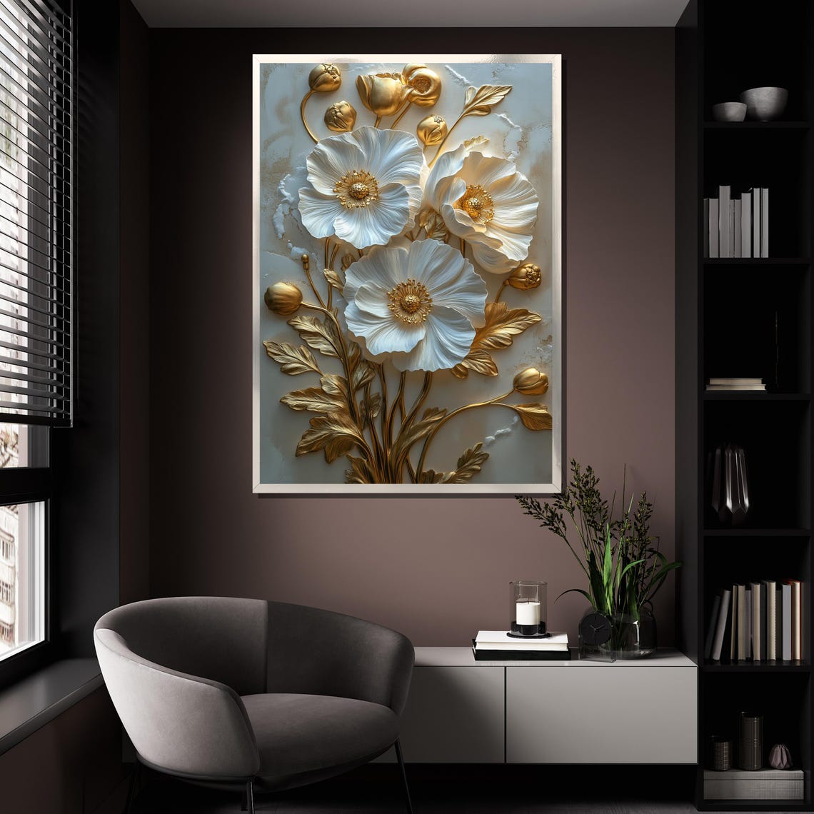 White Poppies With Gold Stems 3D Textured Floral Wall Art Poster - Image 4