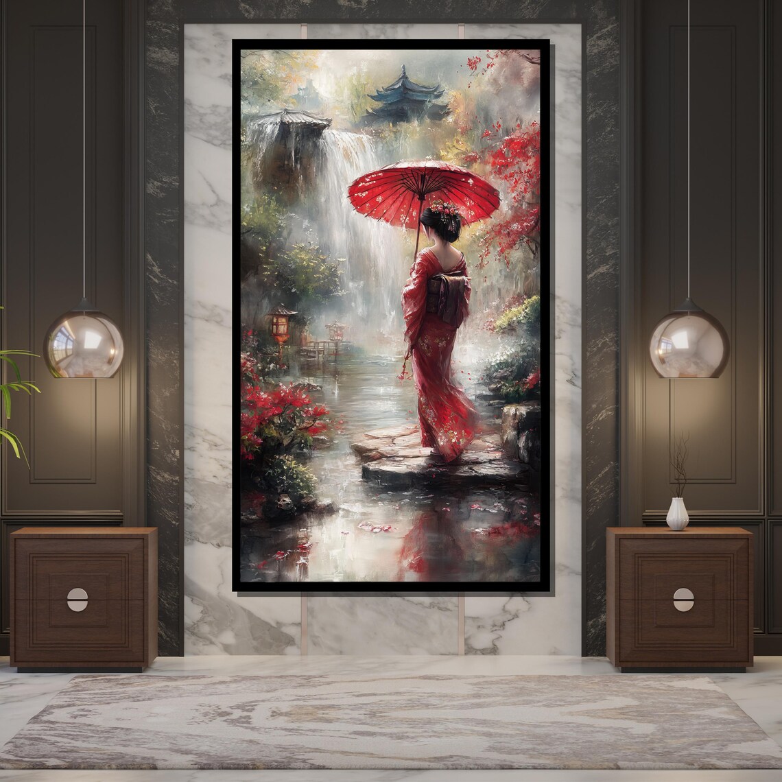 Geisha With Red Umbrella In Japanese Garden Waterfall Art Poster - Image 5