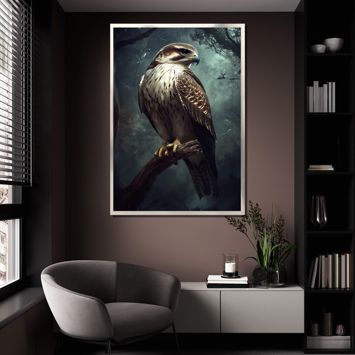 Majestic Hawk Perched On Branch In Misty Dark Forest Painting Poster - Image 4