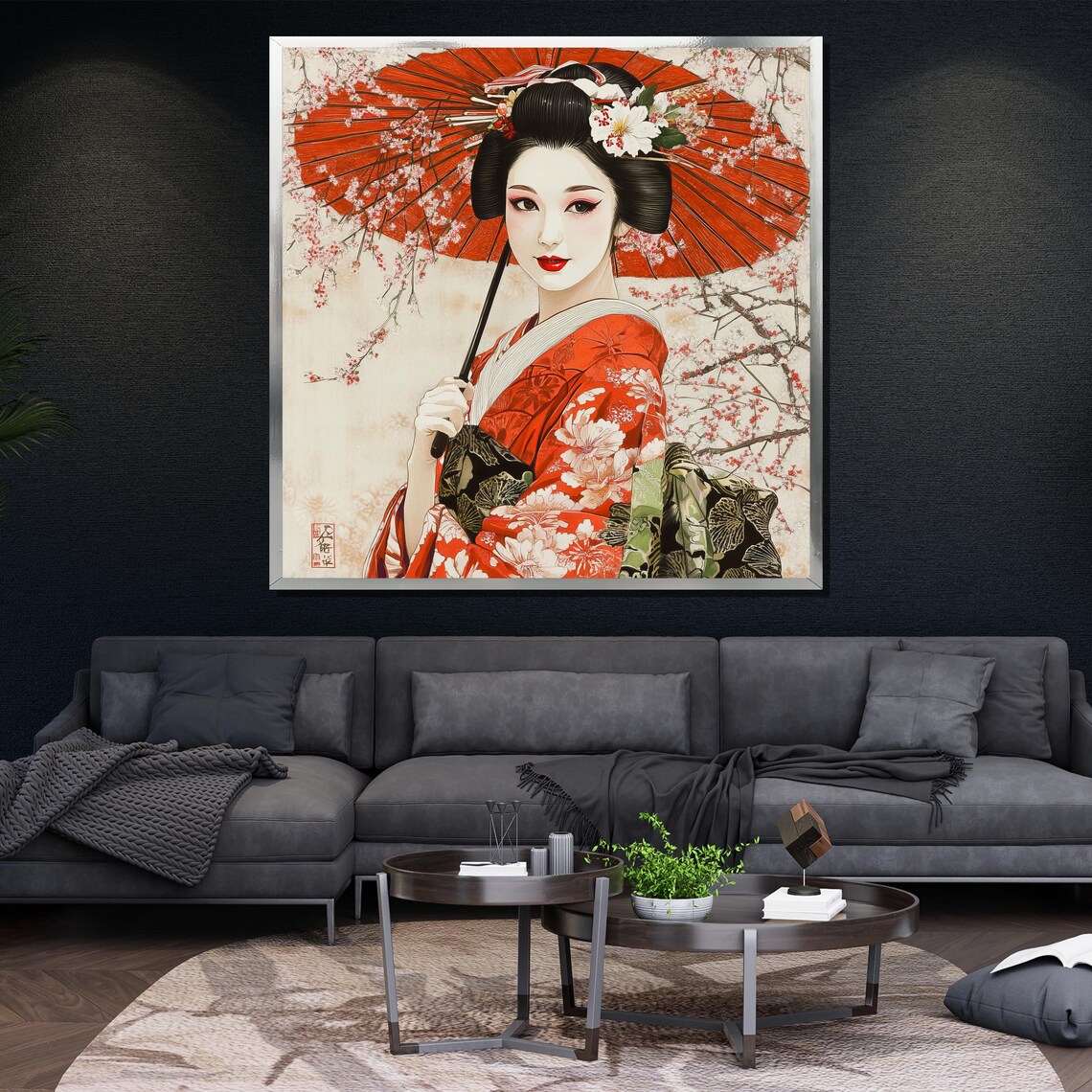 Traditional Geisha Red Umbrella Cherry Blossom Floral Kimono Wall Art - Image 4