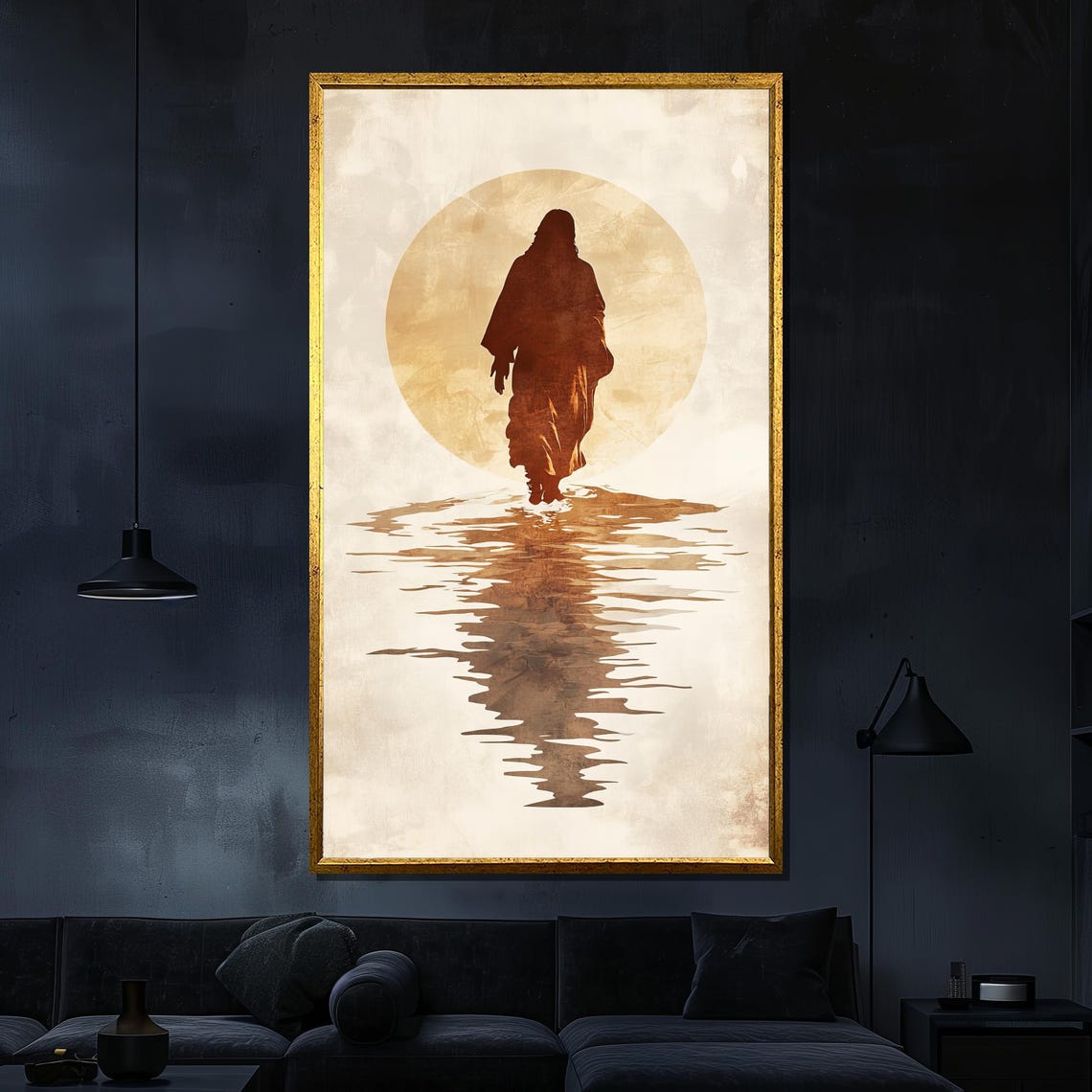 Jesus Walking On Water Golden Sun Silhouette Religious Poster