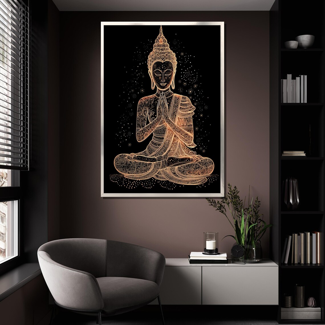 Golden Line Art Buddha Prayer Pose Sparkling Night Black Elegant Poster - Image 4