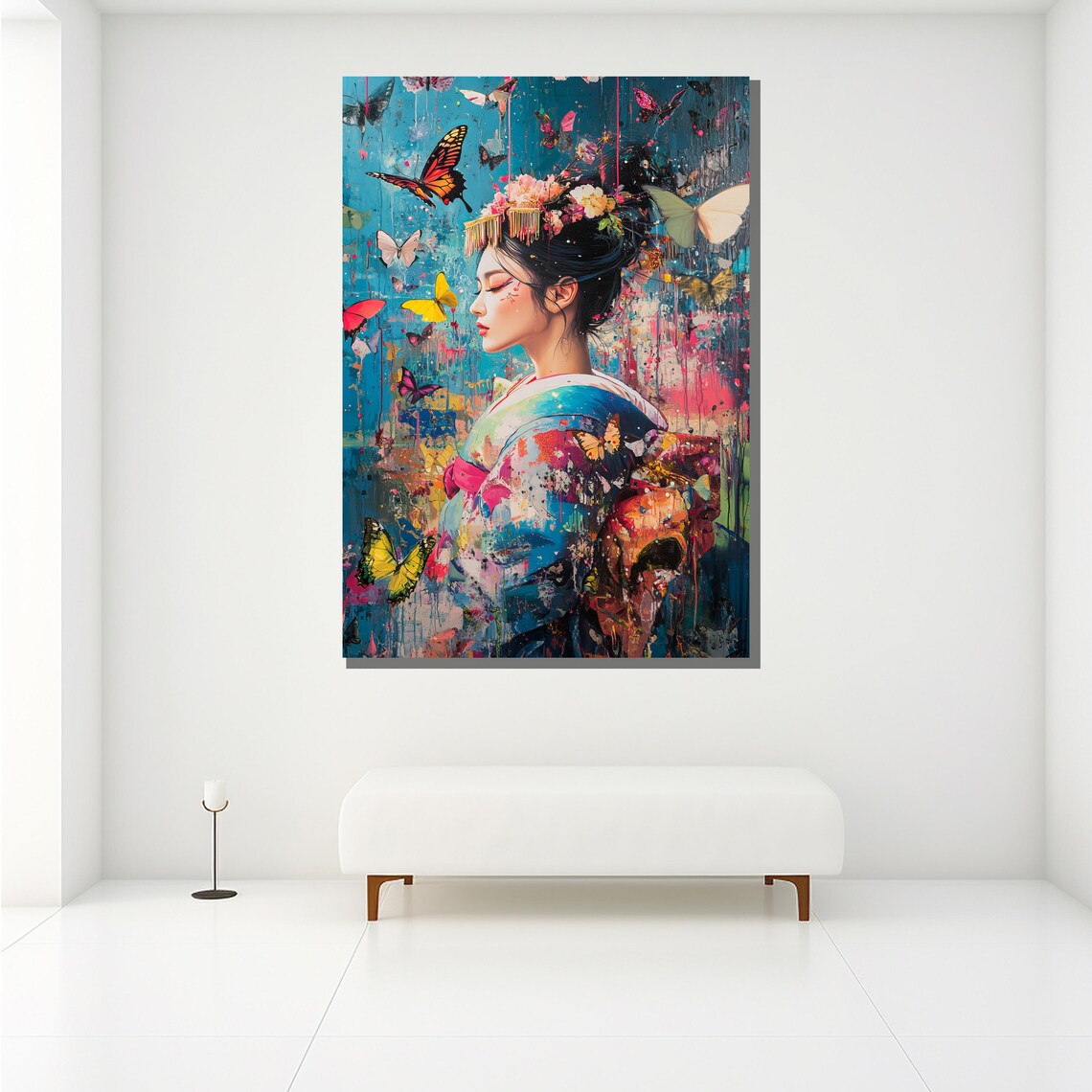 Japanese Geisha With Butterflies Colorful Textured Portrait Poster - Image 2