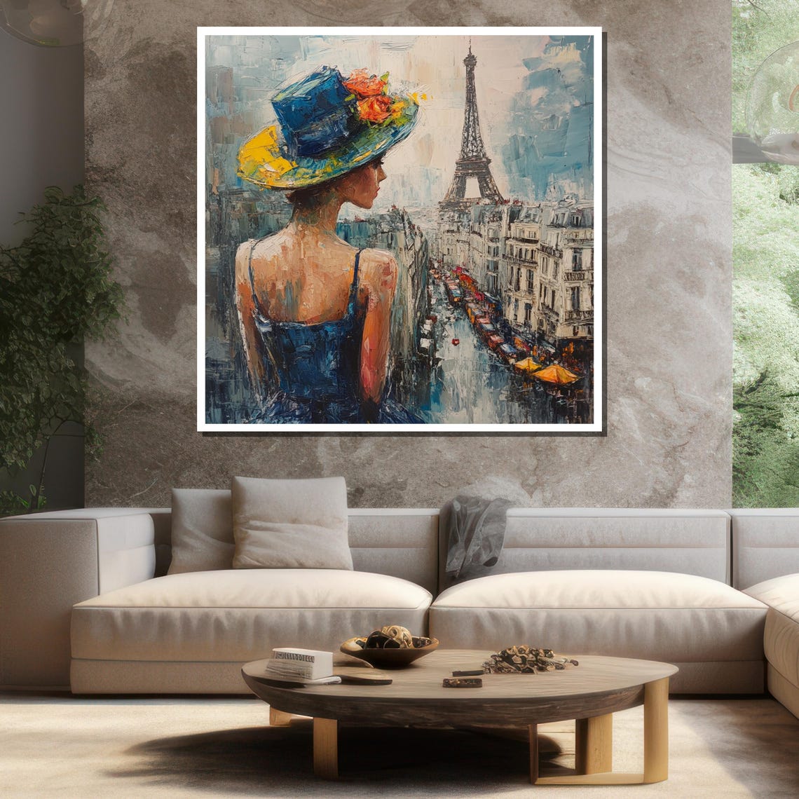 Elegant Woman Paris Eiffel Tower Street Blue Hat Floral Wall Poster - Image 3