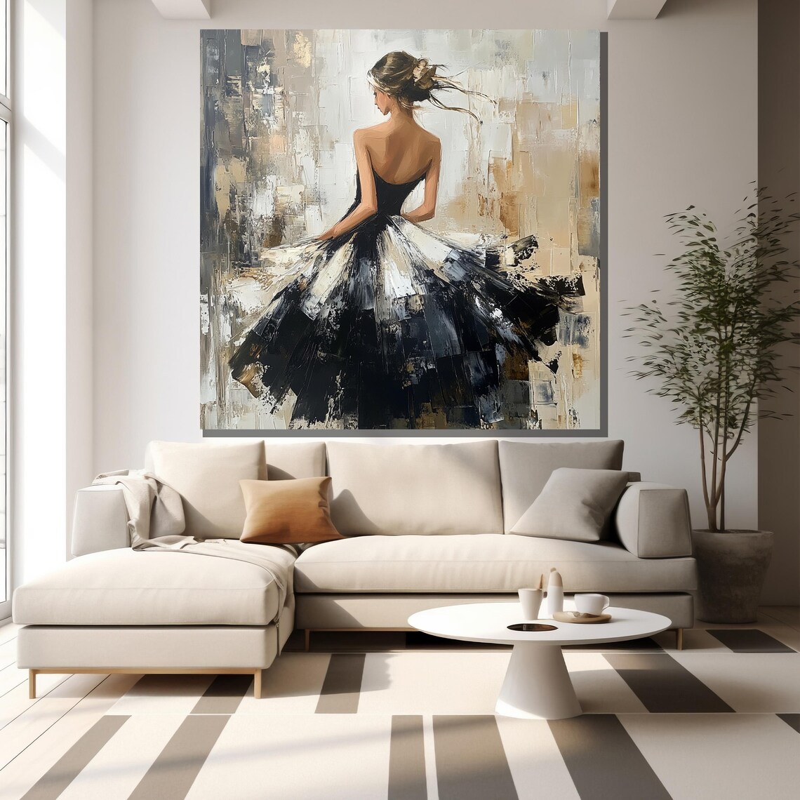 Black White Dress Dancing Woman Abstract Elegant Modern Canvas Wall Art - Image 2