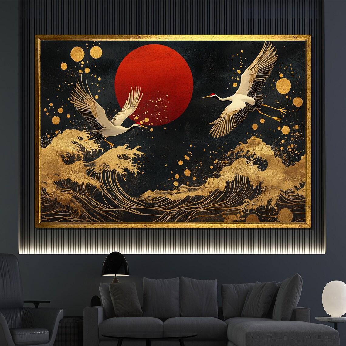 Japanese Cranes Red Sun Gold Ocean Wave Elegant Japanese Art Poster