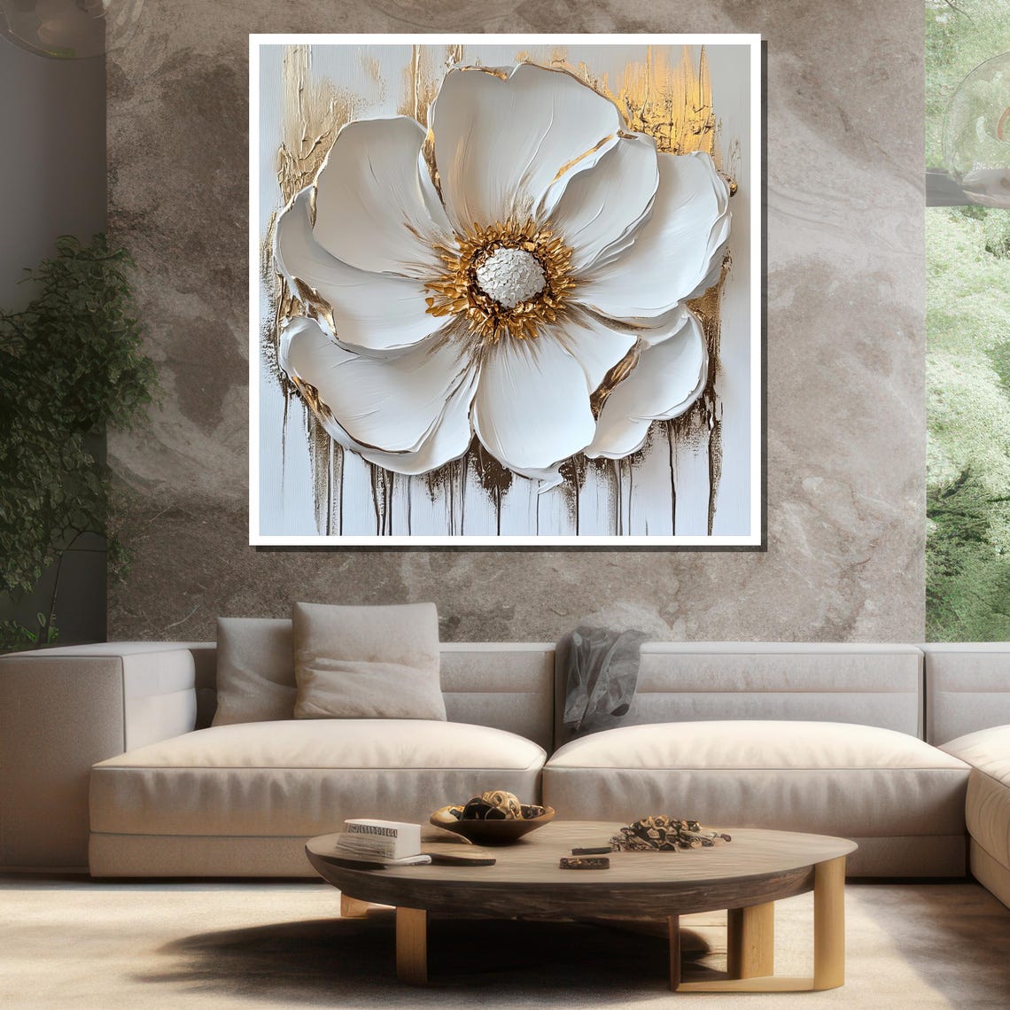 Stunning Large White Flower Gold Center Textured Abstract Art Poster - Image 3