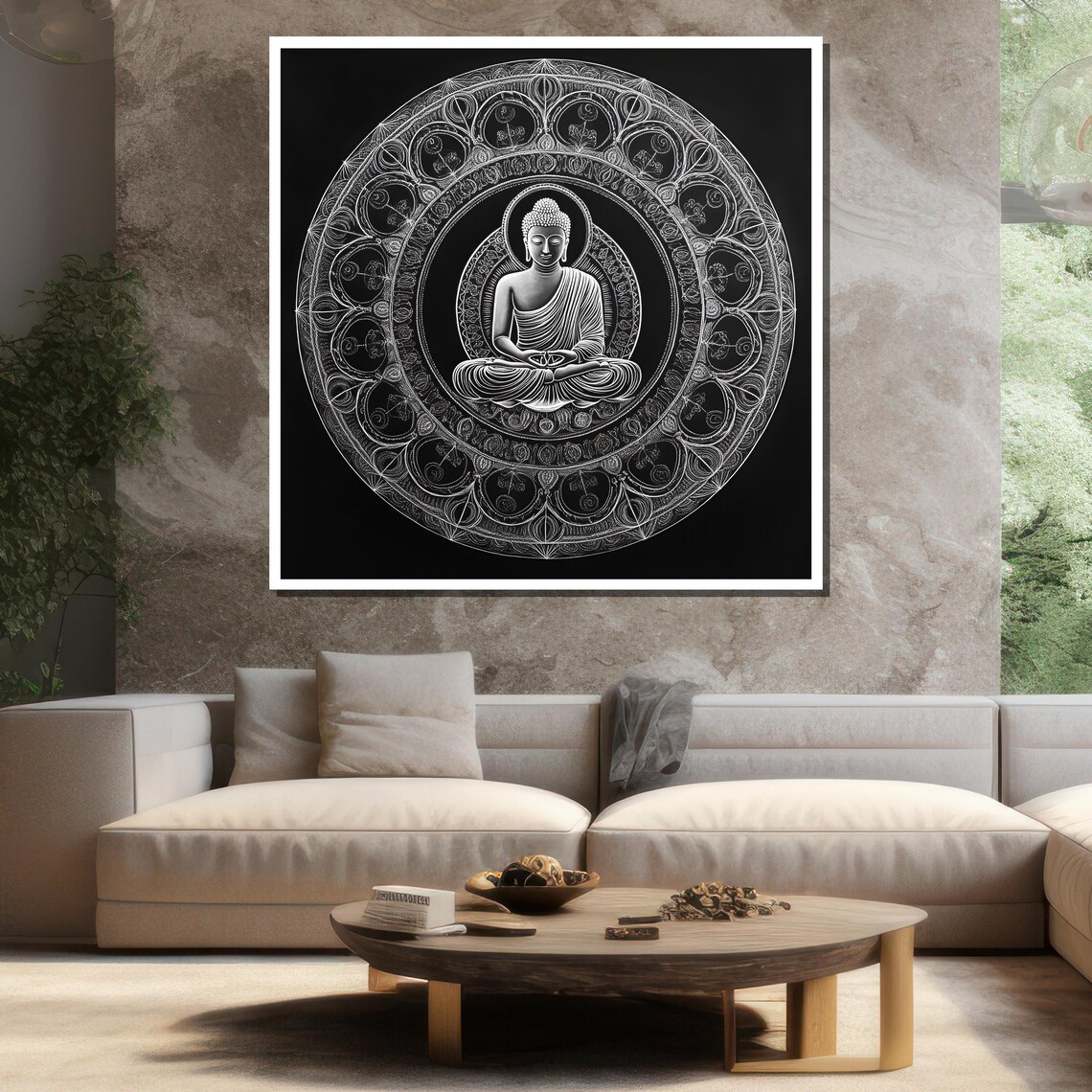 Monochrome Buddha Mandala White Line Art Black Elegant Zen Wall Poster - Image 3