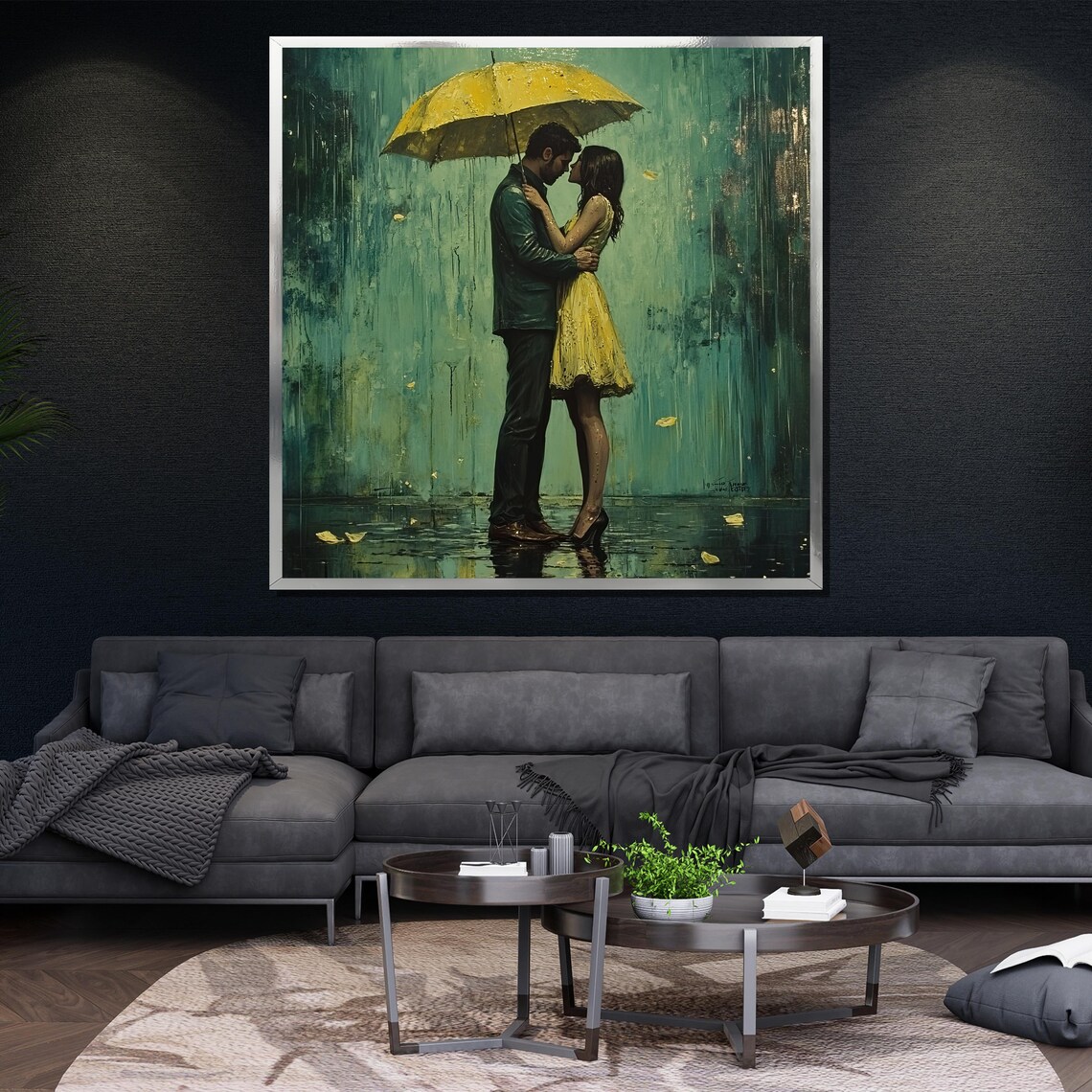 Romantic Couple Kiss Yellow Umbrella Rain Love Painting Wall Poster - Image 4