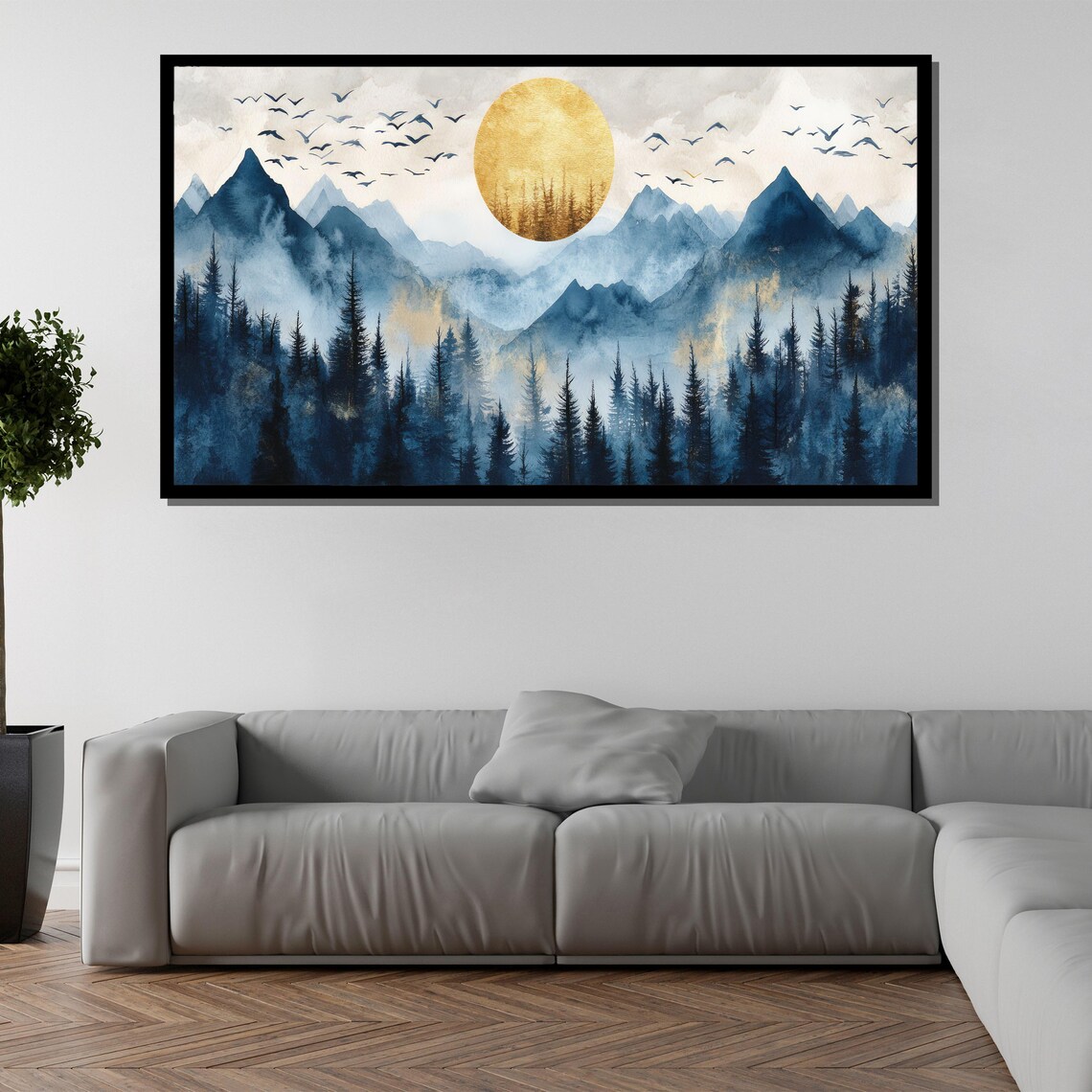 Golden Sun Blue Mountain Forest Watercolor Birds Landscape Poster - Image 5