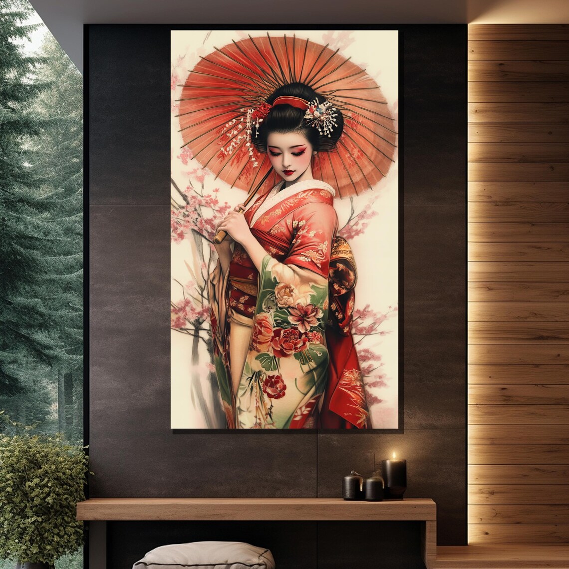 Traditional Geisha Red Kimono Parasol Cherry Blossom Japanese Wall Art - Image 2