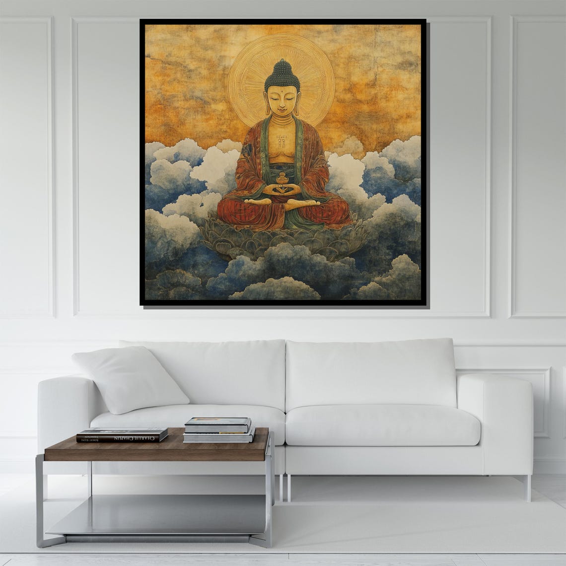Vintage Buddha Meditating Above Clouds Golden Wall Art Poster - Image 5