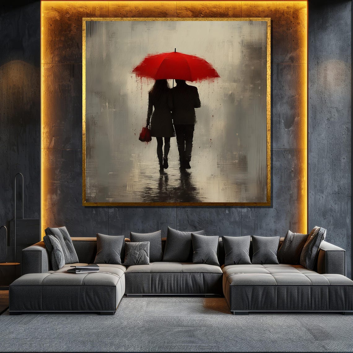 Romantic Couple Red Umbrella Rain Minimalist Modern Love Wall Poster