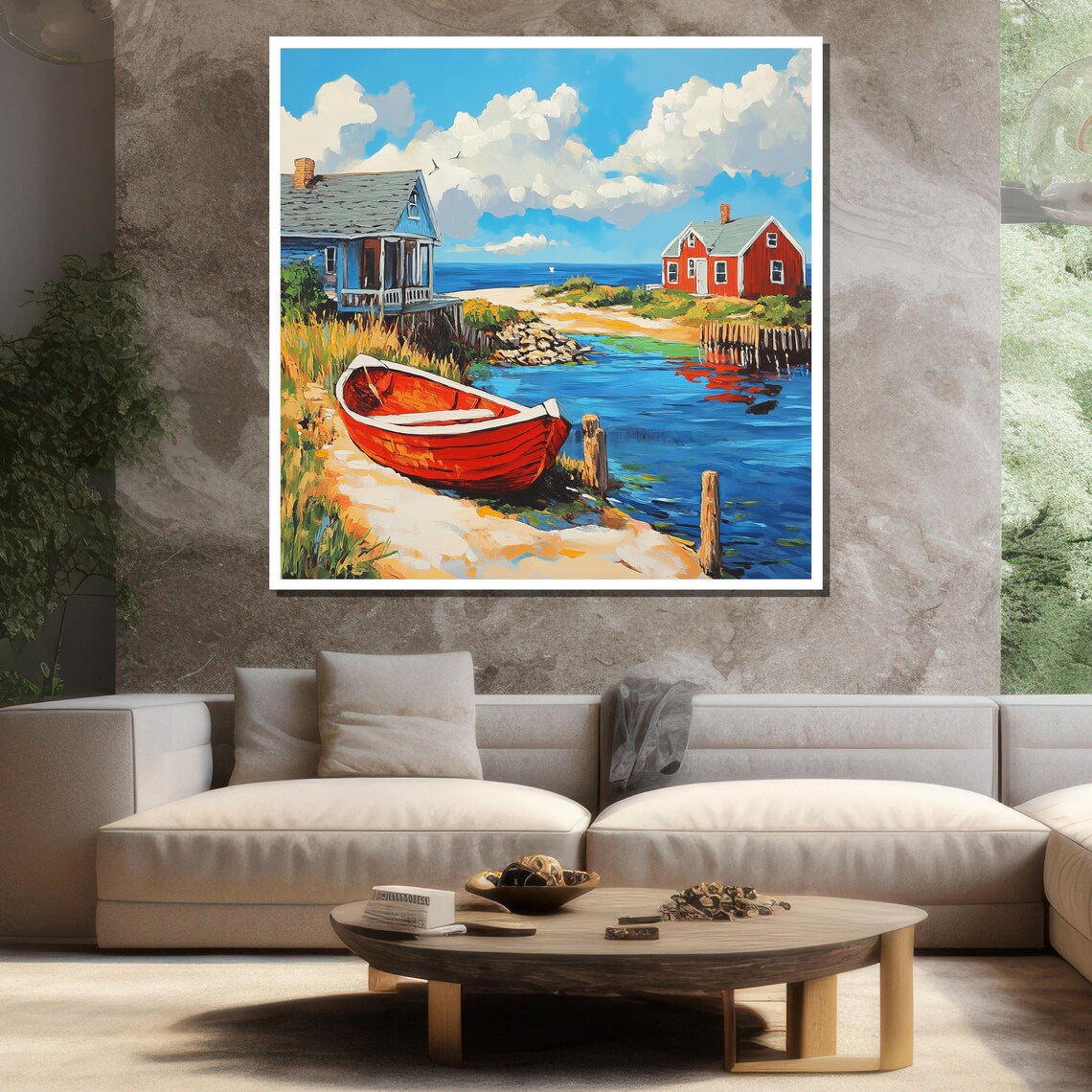Rustic Coastal Painting Red Boat And Seaside Cottages Wall Art Nautical Landscape Gift For Home Decor - Image 3
