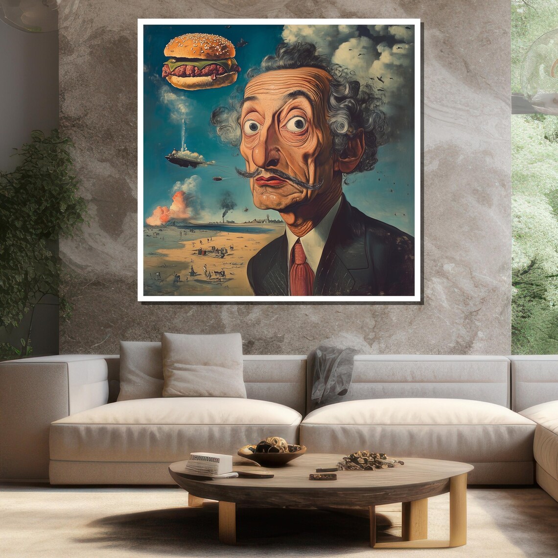 Salvador Dali Style Surrealist Portrait With Flying Burger Poster - Image 3