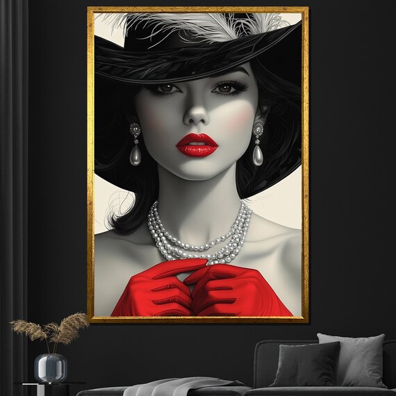 Elegant Woman Black Hat Red Lips Gloves Pearls Glamour Wall Poster