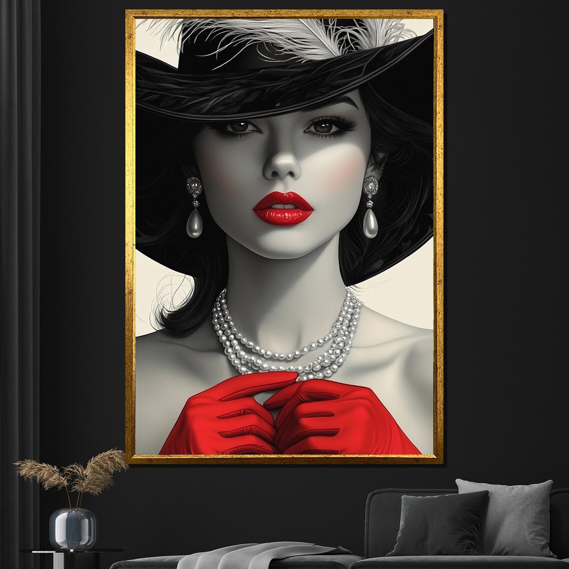 Elegant Woman Black Hat Red Lips Gloves Pearls Glamour Wall Poster