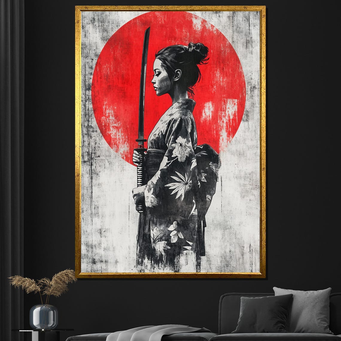 Samurai Woman Katana Red Sun Japanese Ink Painting Warrior Wall Art