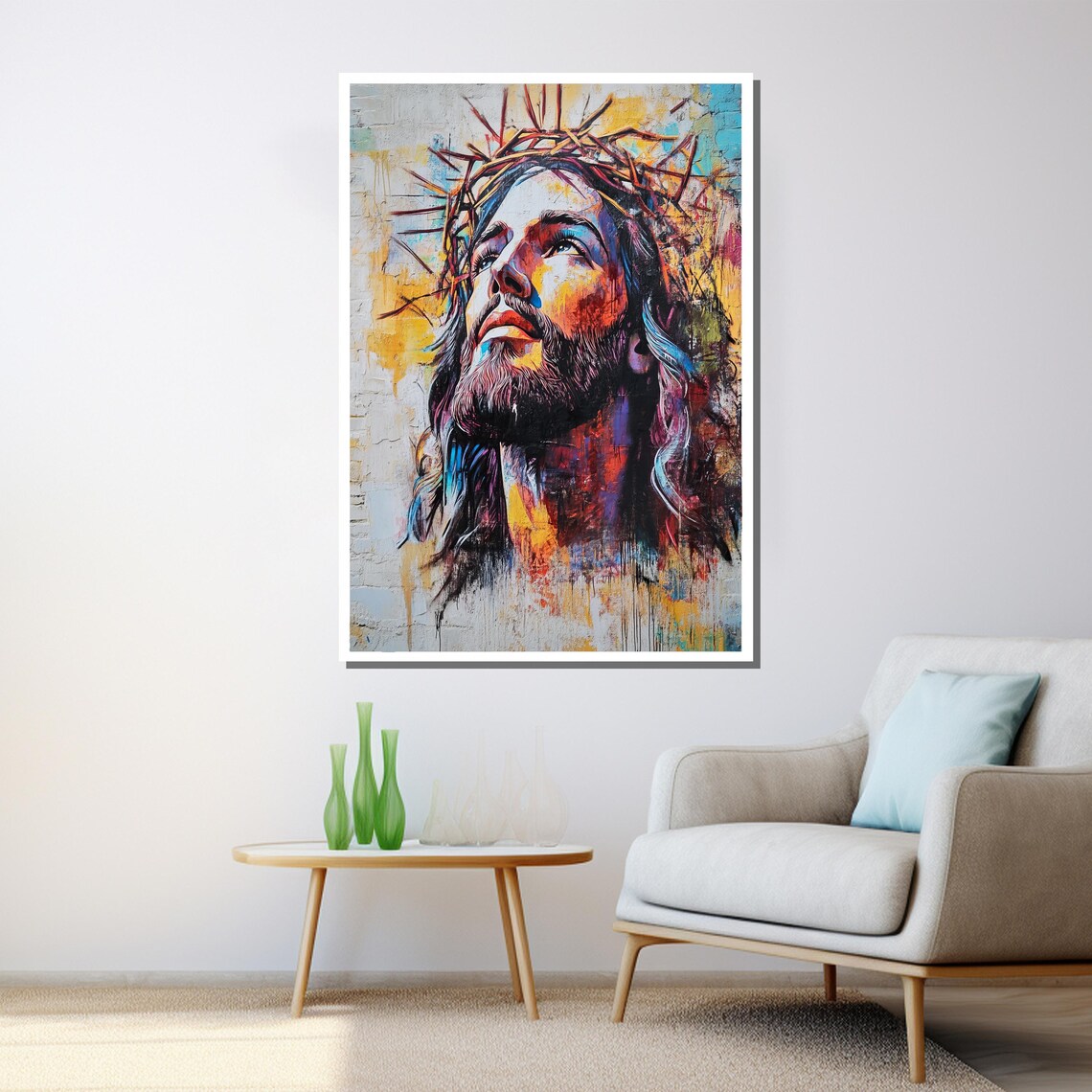 Colorful Jesus Crown Of Thorns Looking Up Spiritual Wall Art Poster - Image 3