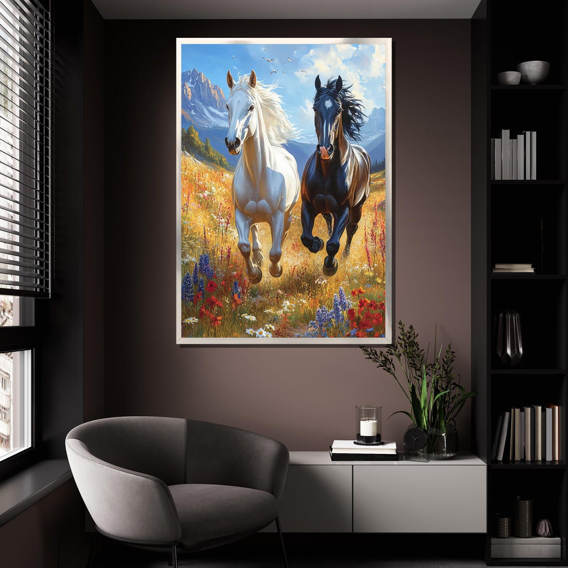 White Black Horses Running Wildflower Mountain Meadow Wall Art - Image 4