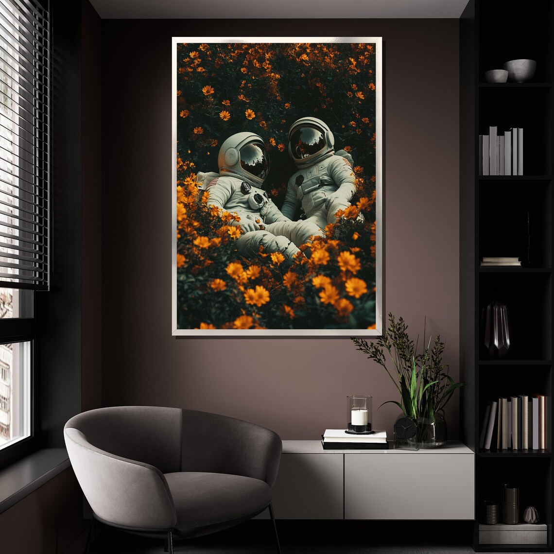 Two Astronauts Resting Together In A Field Of Orange Flowers Poster - Image 4