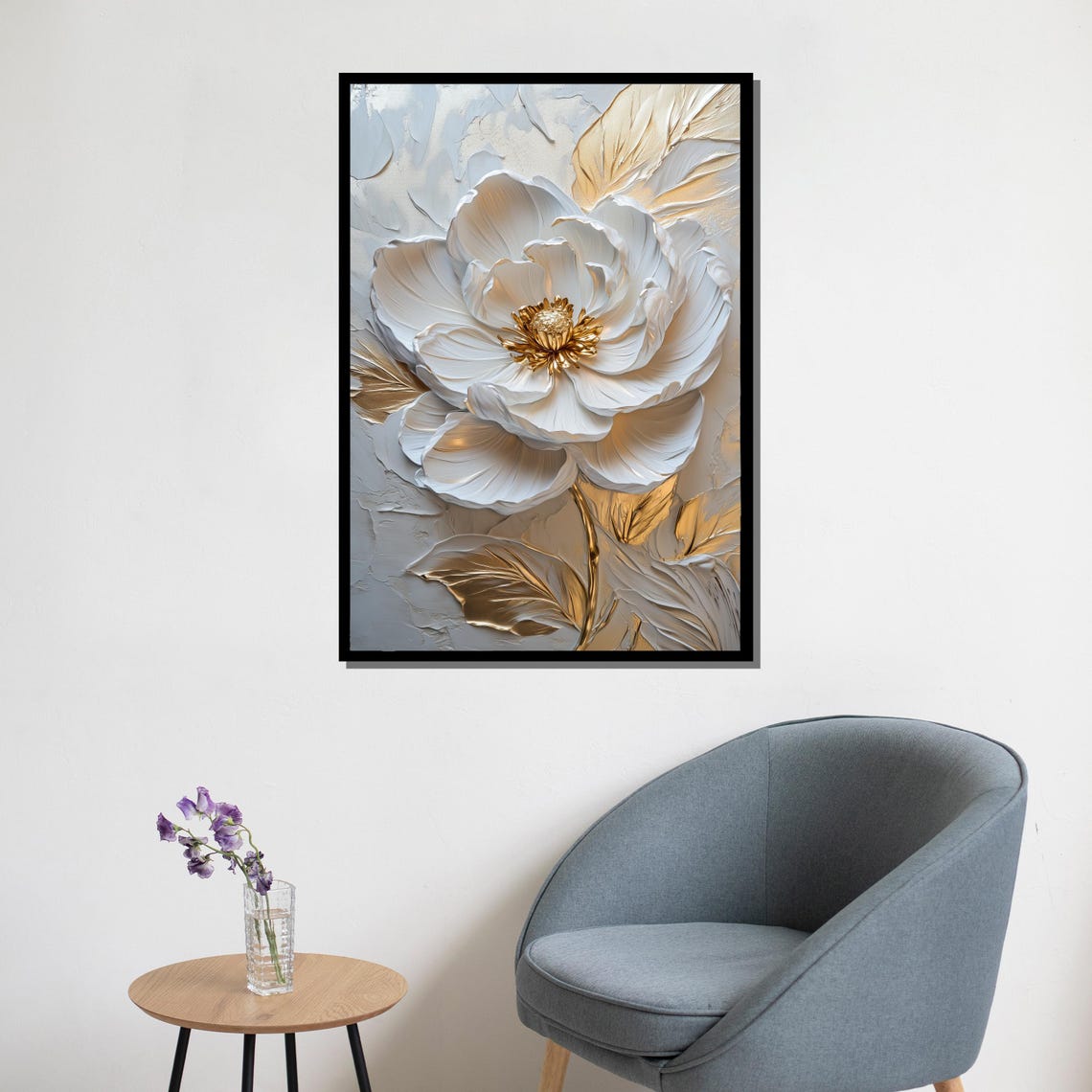 Elegant White 3D Textured Flower Gold Center Luxury Wall Art Poster - Image 5