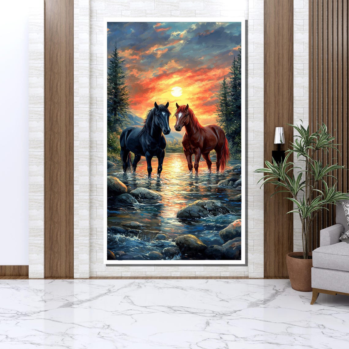 Two Horses In Stream Sunset Black Chestnut Mountain Water Poster - Image 3