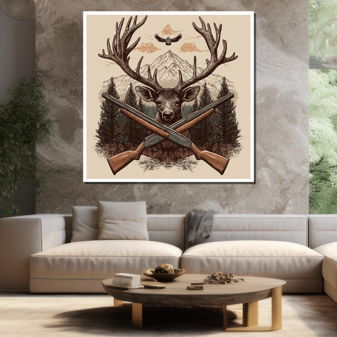 Deer Stag Crossed Rifles Mountain Pine Forest Vintage Hunting Poster - Image 3