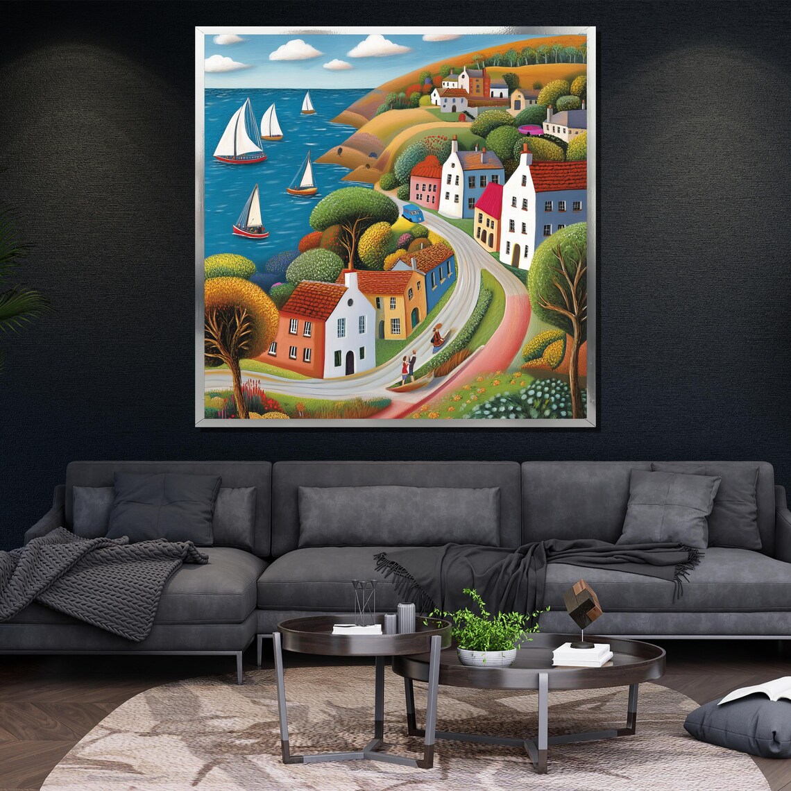Colorful Coastal Village Sailboats Winding Road Naive Style Poster - Image 4