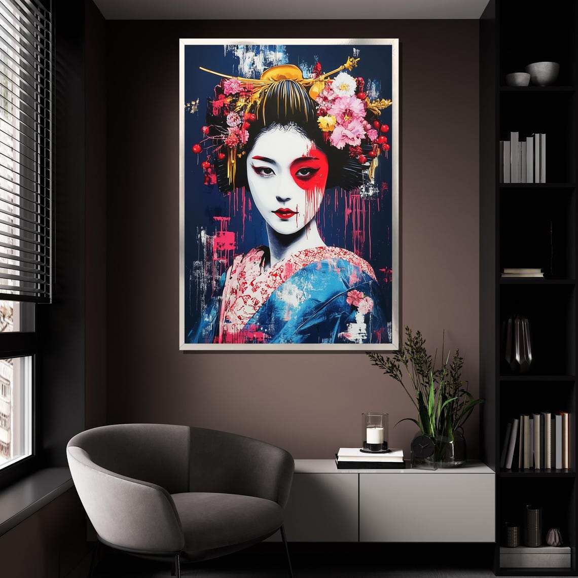 Abstract Geisha Graffiti Art Blue Kimono Red Paint Japanese Wall Art - Image 4