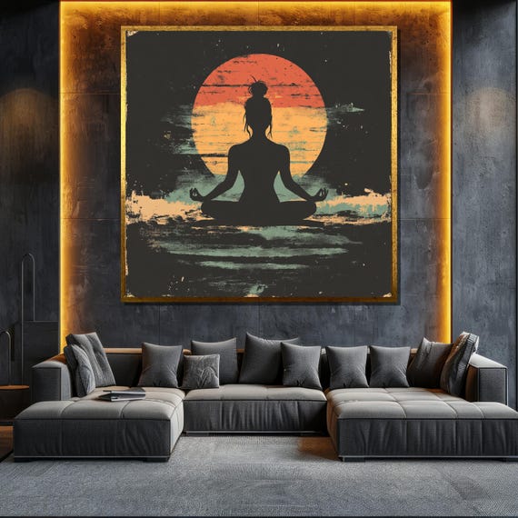 Meditation Silhouette Painting Sunset Wall Art Yoga And Zen Home Decor Spiritual Gift For Relaxation And Mindfulness Space