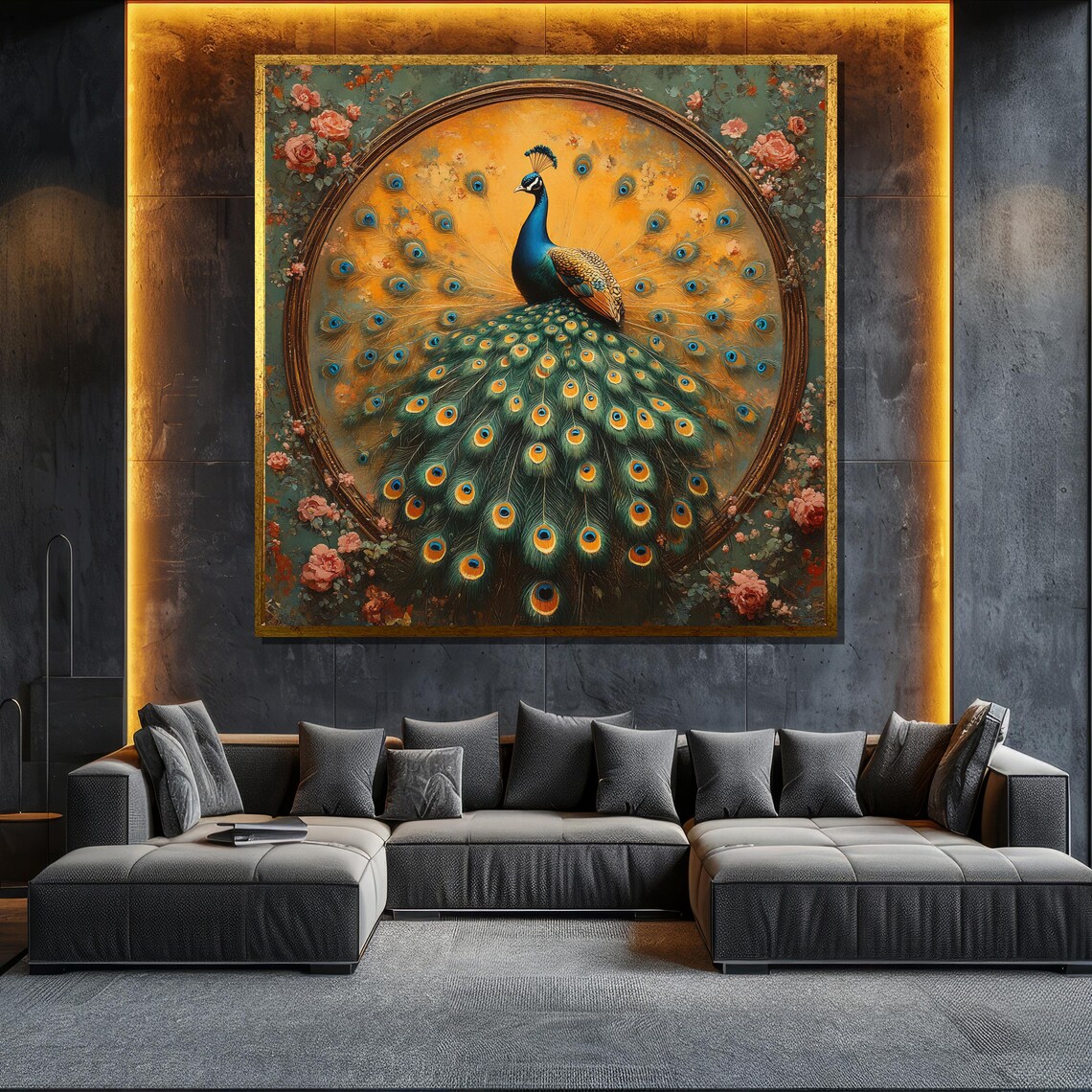 Elegant Peacock Full Tail Fan Vintage Floral Bird Art Poster