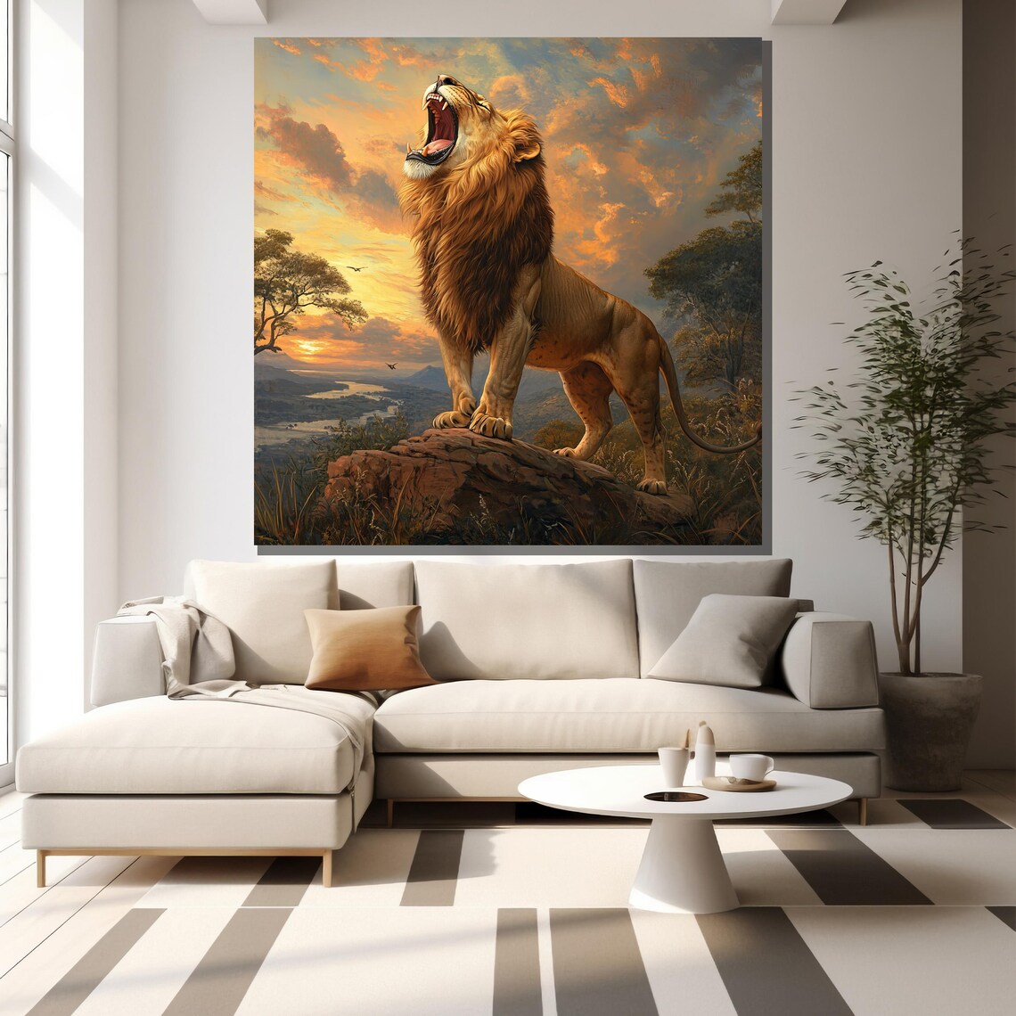 Roaring Lion On Rock Sunset Savanna Majestic Wildlife Poster - Image 2