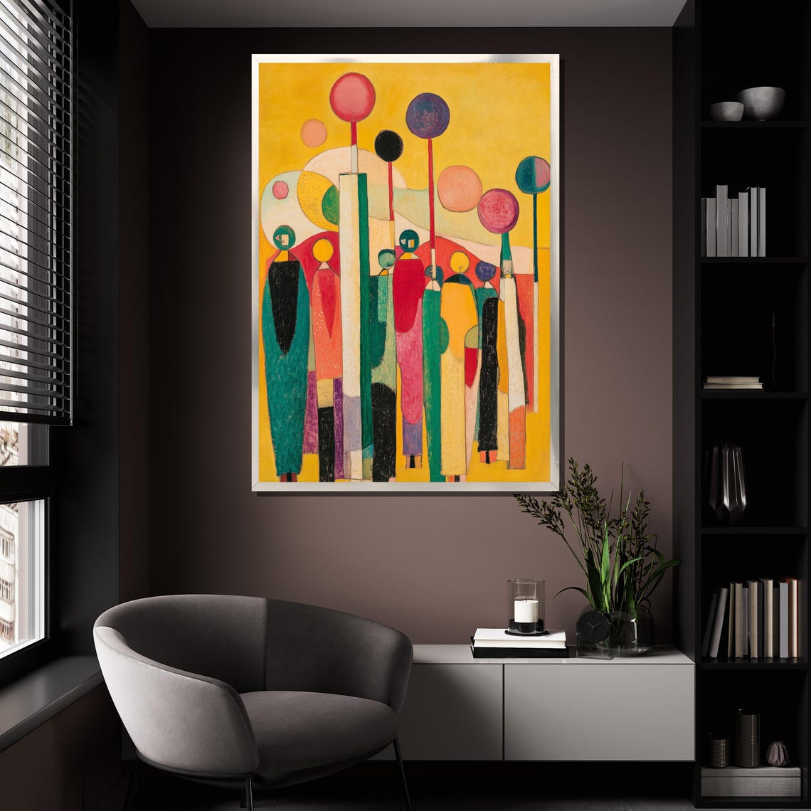Abstract Crowd Of Stylized Figures Yellow Background Modern Art Poster - Image 4