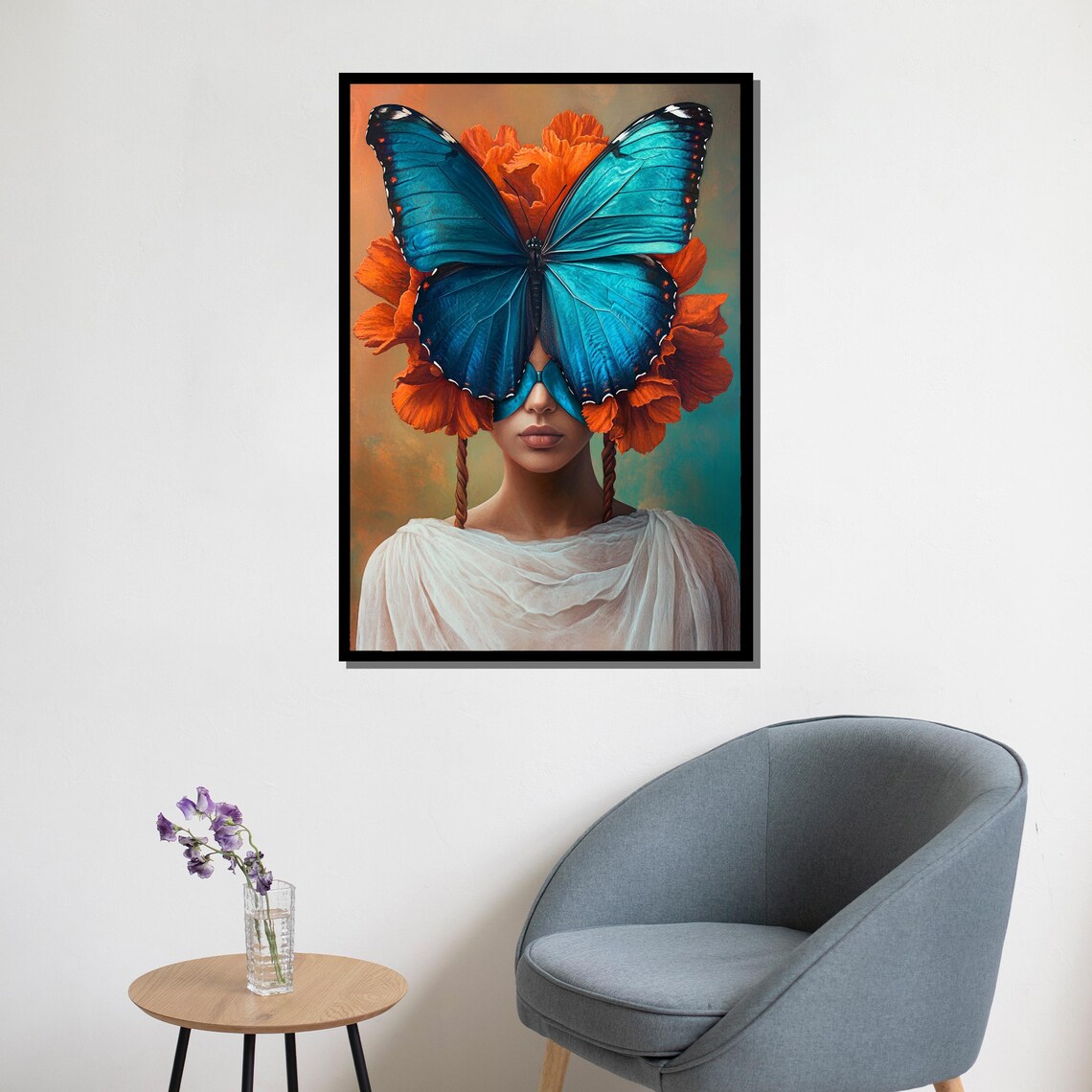 Blue Butterfly Mask Woman Surreal Portrait Orange Flowers Wall Poster - Image 5