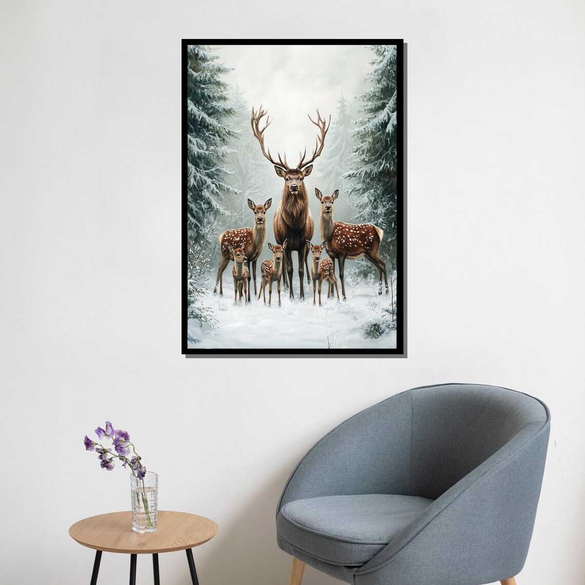 Deer Family Winter Snow Forest Stag Fawns Heartwarming Wall Art - Image 5