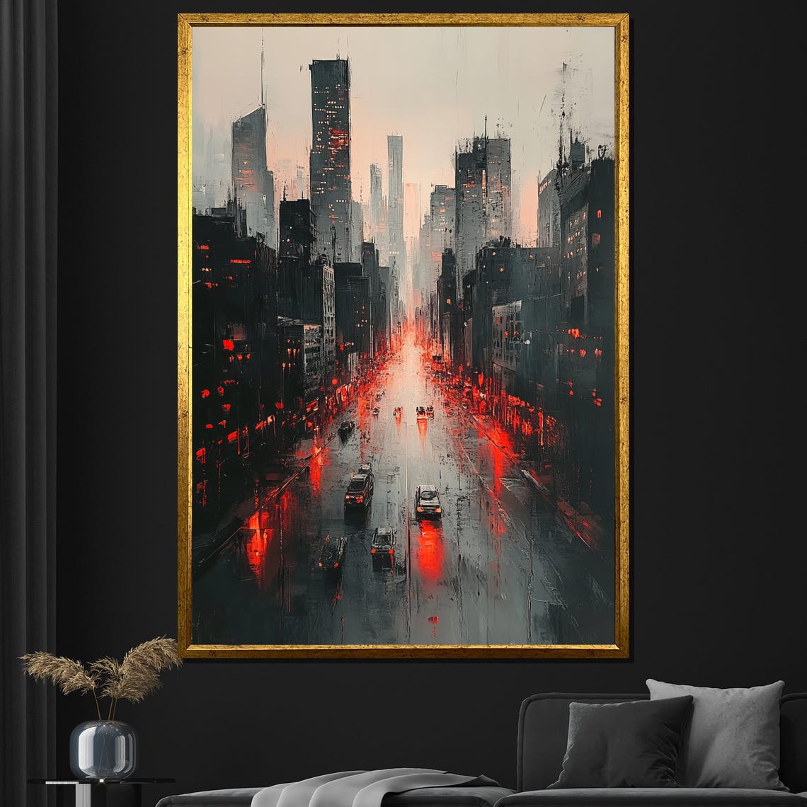 Modern City Avenue Rainy Night Red Lights Urban Nightscape Wall Poster